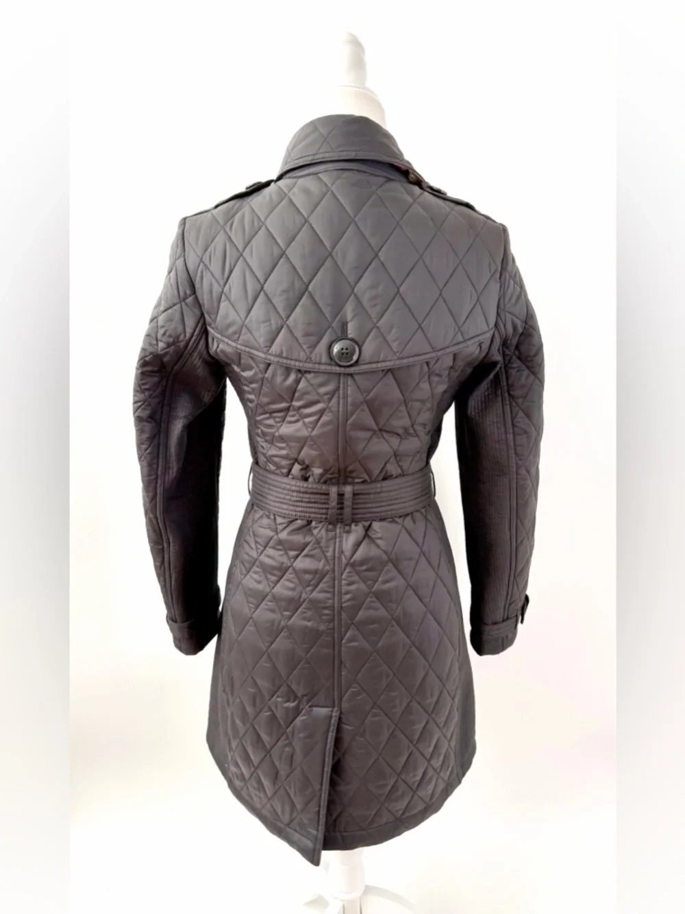 BURBERRY | Black Quilted Double Breasted Trench Coat Belted Jacket Check Small - Picture 7 of 12